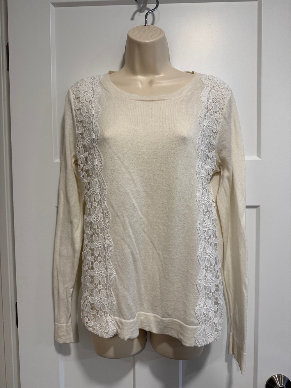 J.Crew Ivory Lace Side Panel Long Sleeve Sweater Top M Cotton